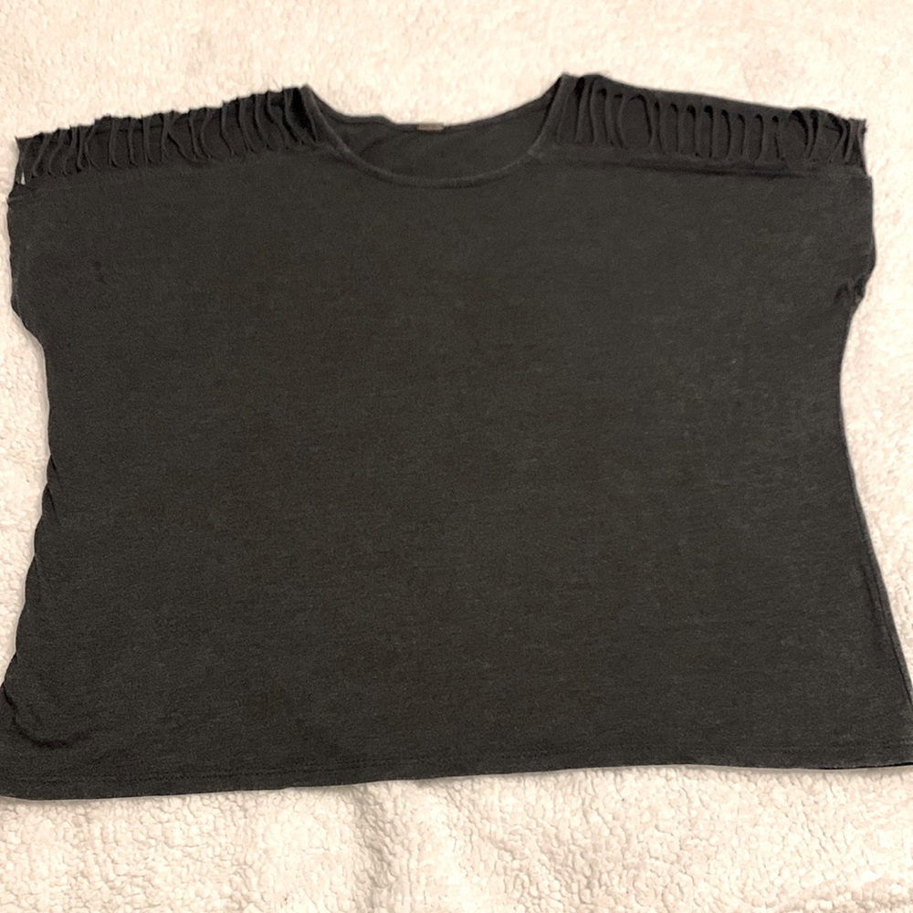 Gray shirt with designed rips on shoulder